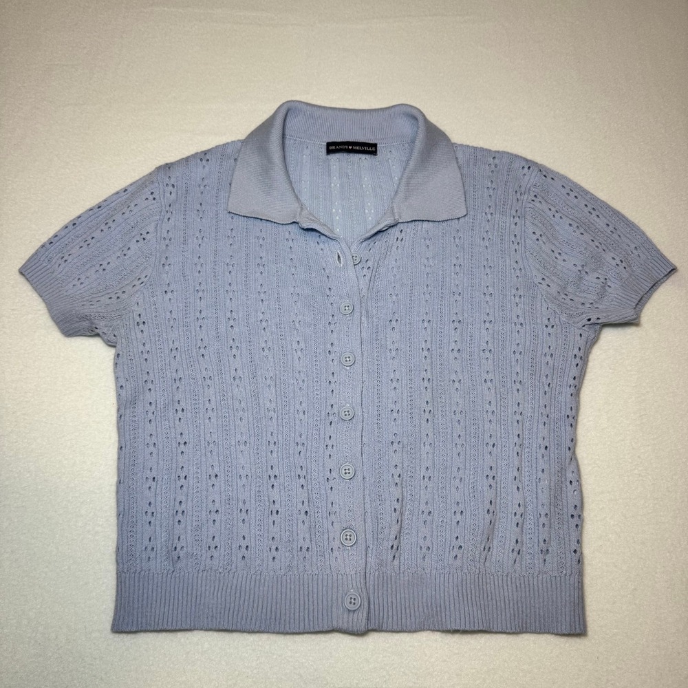 Brandy Melville Light Blue Pointelle Knit Short Sleeve Button Top OS Coquette
